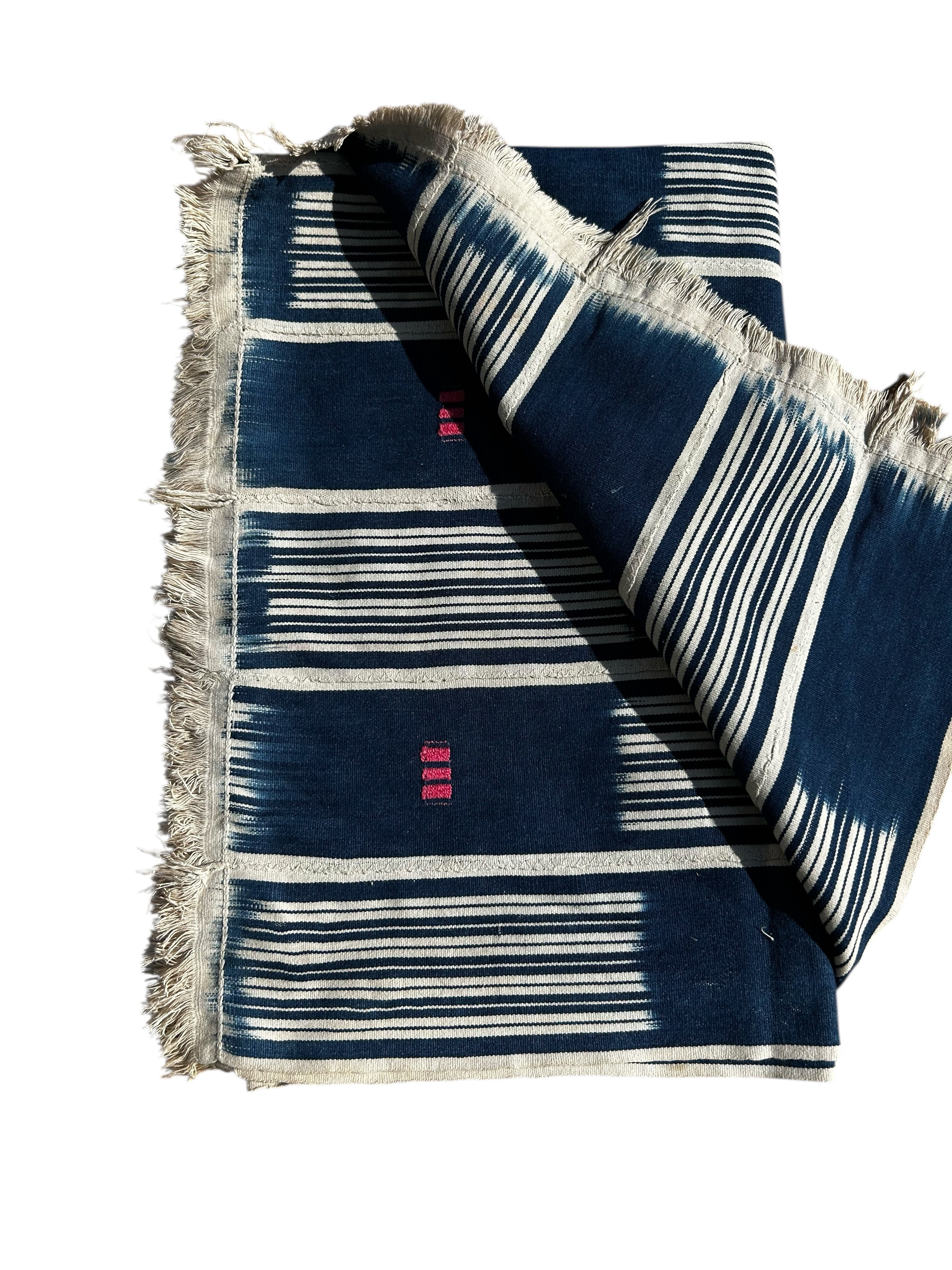 Handwoven Indigo African Textile with Graphic Stripe Pattern – West African Strip Cloth Wall Hanging