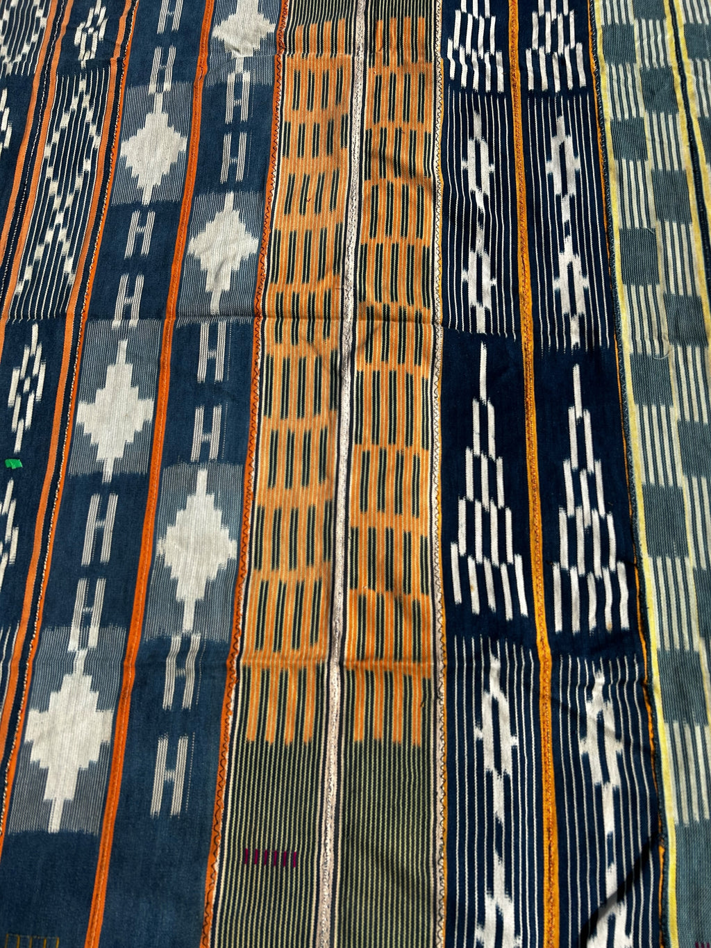 west african indigo strip cloth wall hanging mixed geometric patterns