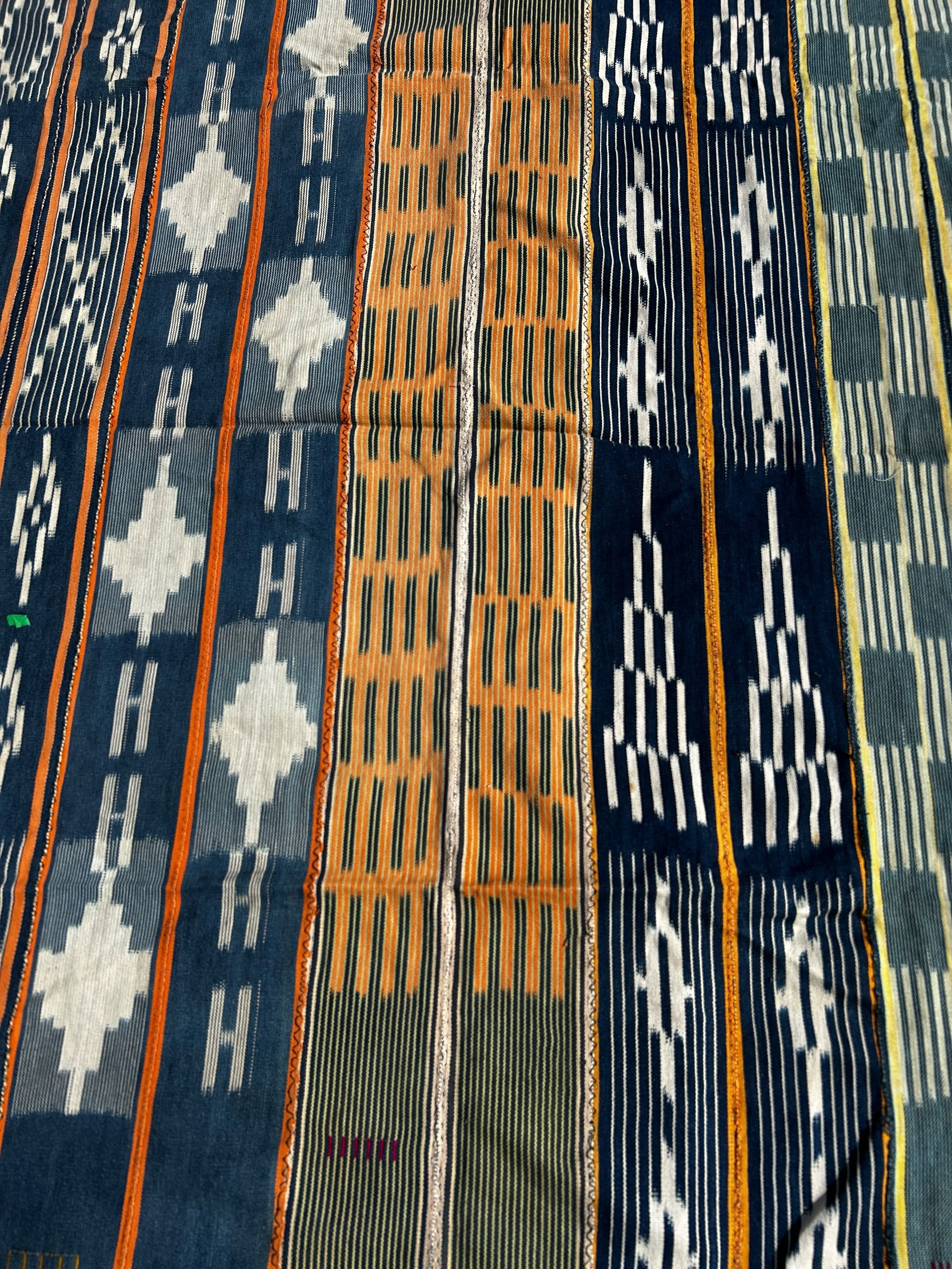 west african indigo strip cloth wall hanging mixed geometric patterns