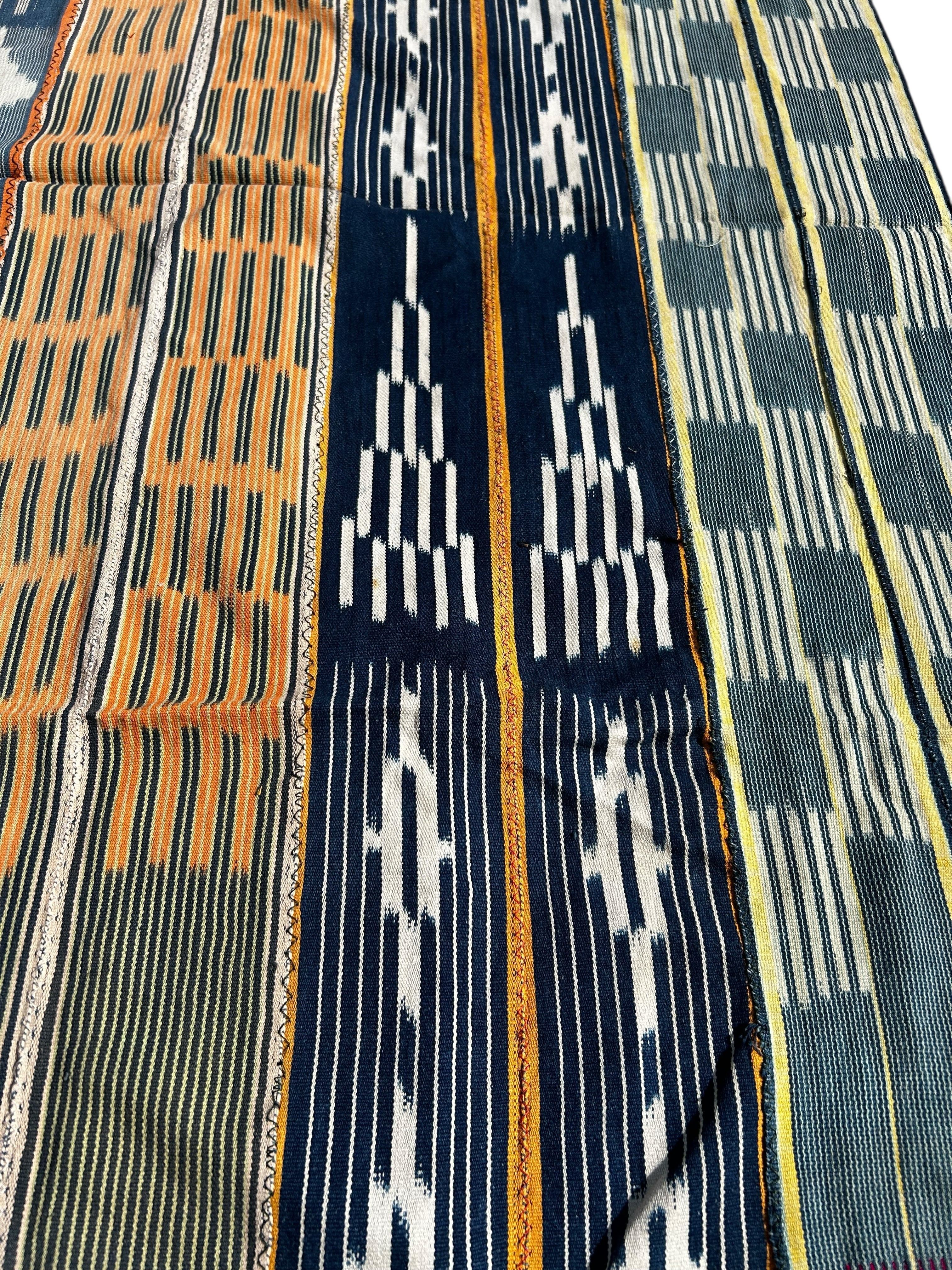 Handwoven Indigo African Textile with Mixed Geometric Motifs – West African Strip Cloth Wall Hanging