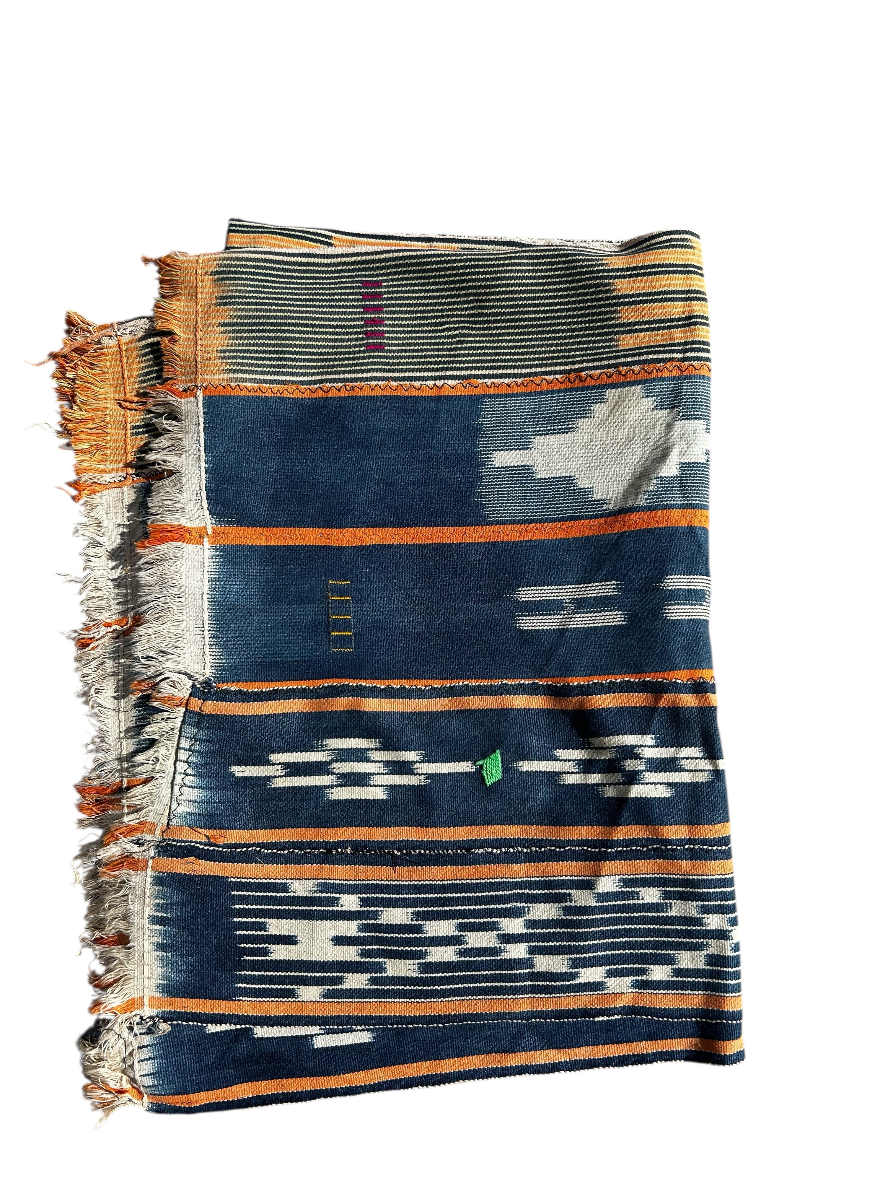 Handwoven Indigo African Textile with Mixed Geometric Motifs – West African Strip Cloth Wall Hanging