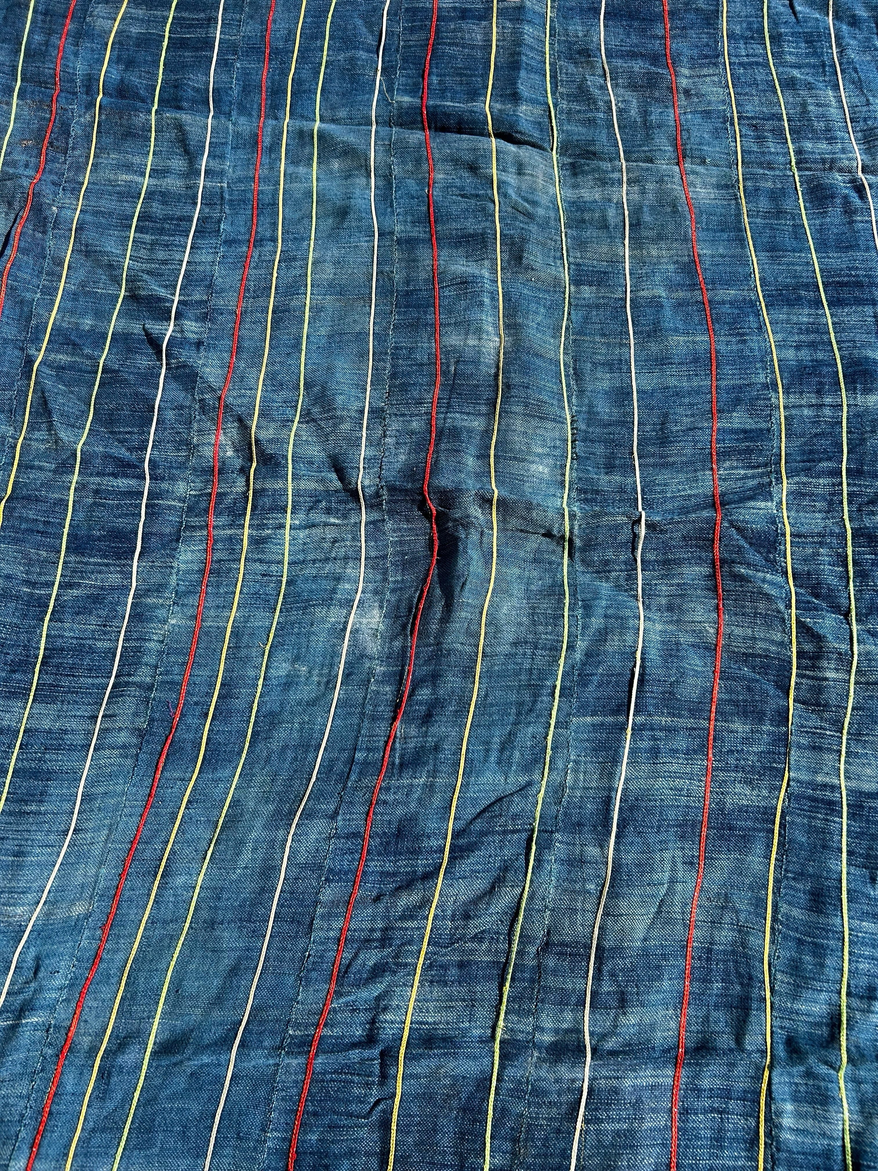 Vintage West African indigo cloth with multicolor accent stitching