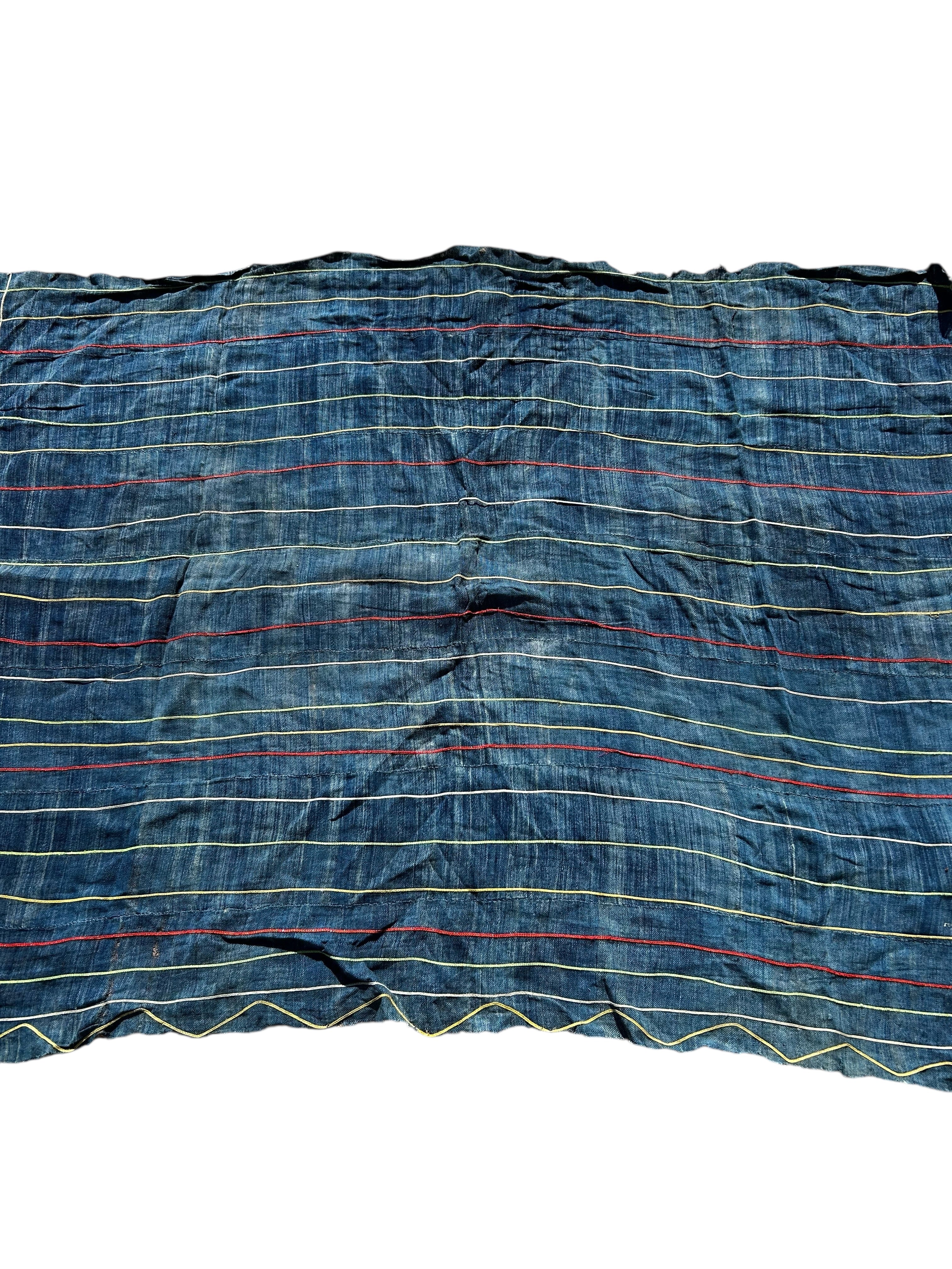 Handwoven Indigo African Textile with Multicolor Stitching – Vintage West African Strip Cloth Wall Hanging