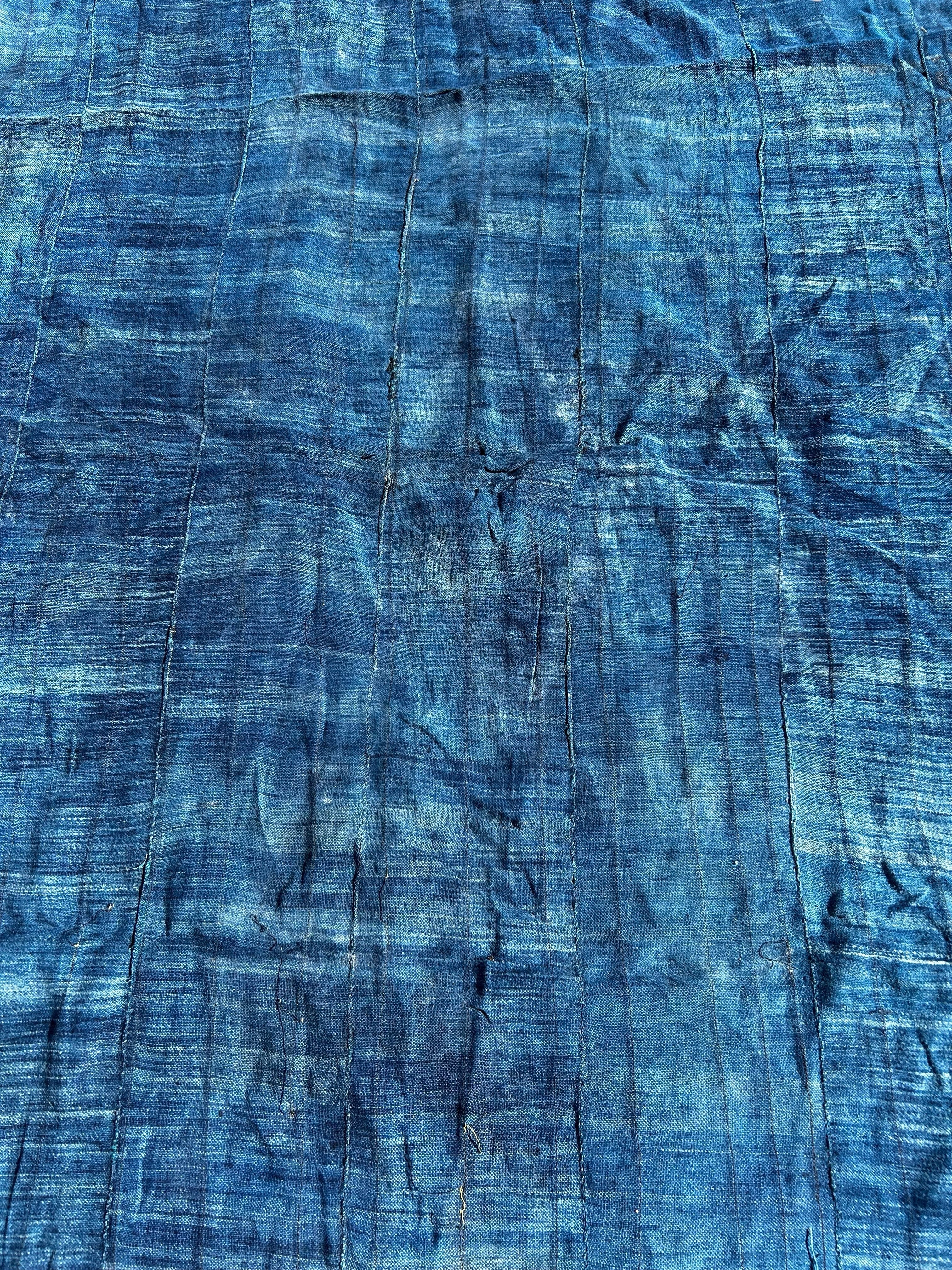 Handwoven Indigo African Textile with Multicolor Stitching – Vintage West African Strip Cloth Wall Hanging