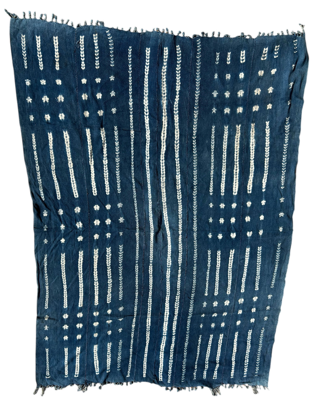 Handwoven indigo African textile with white resist stitch patterns