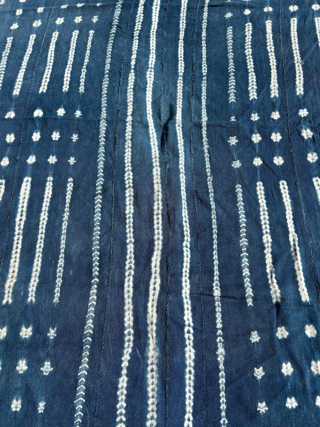 Handwoven Indigo African Textile with White Resist Stitching – Vintage West African Strip Cloth Wall Hanging