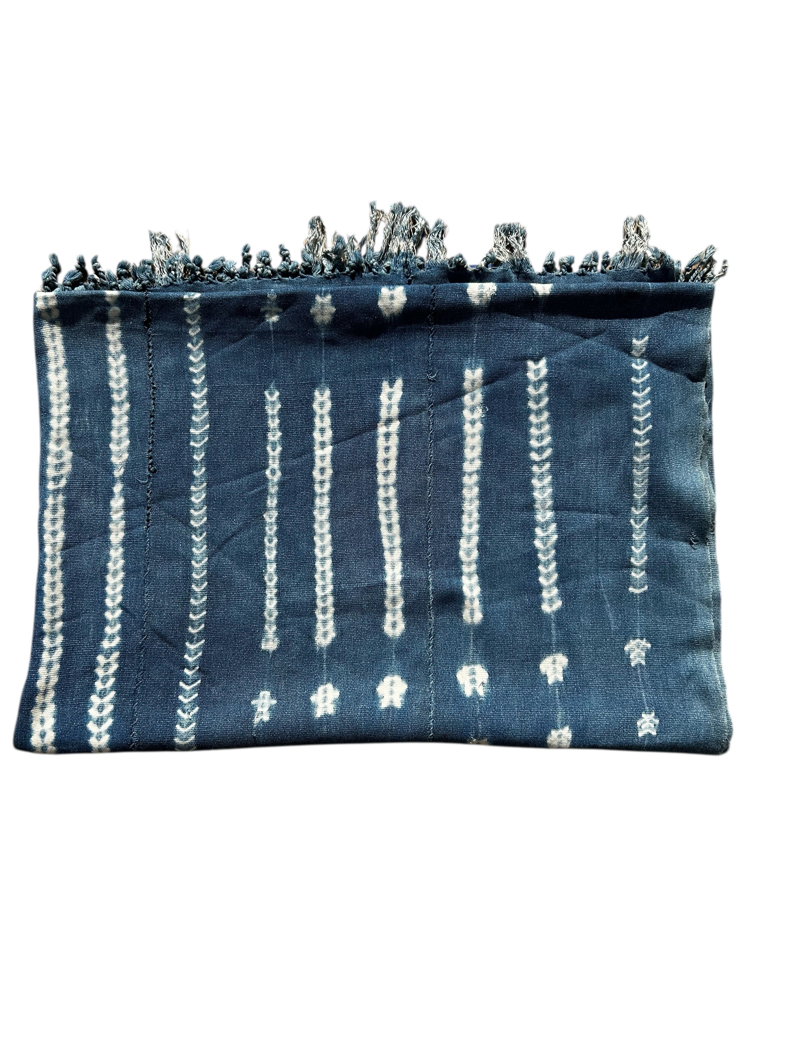 Handwoven Indigo African Textile with White Resist Stitching – Vintage West African Strip Cloth Wall Hanging