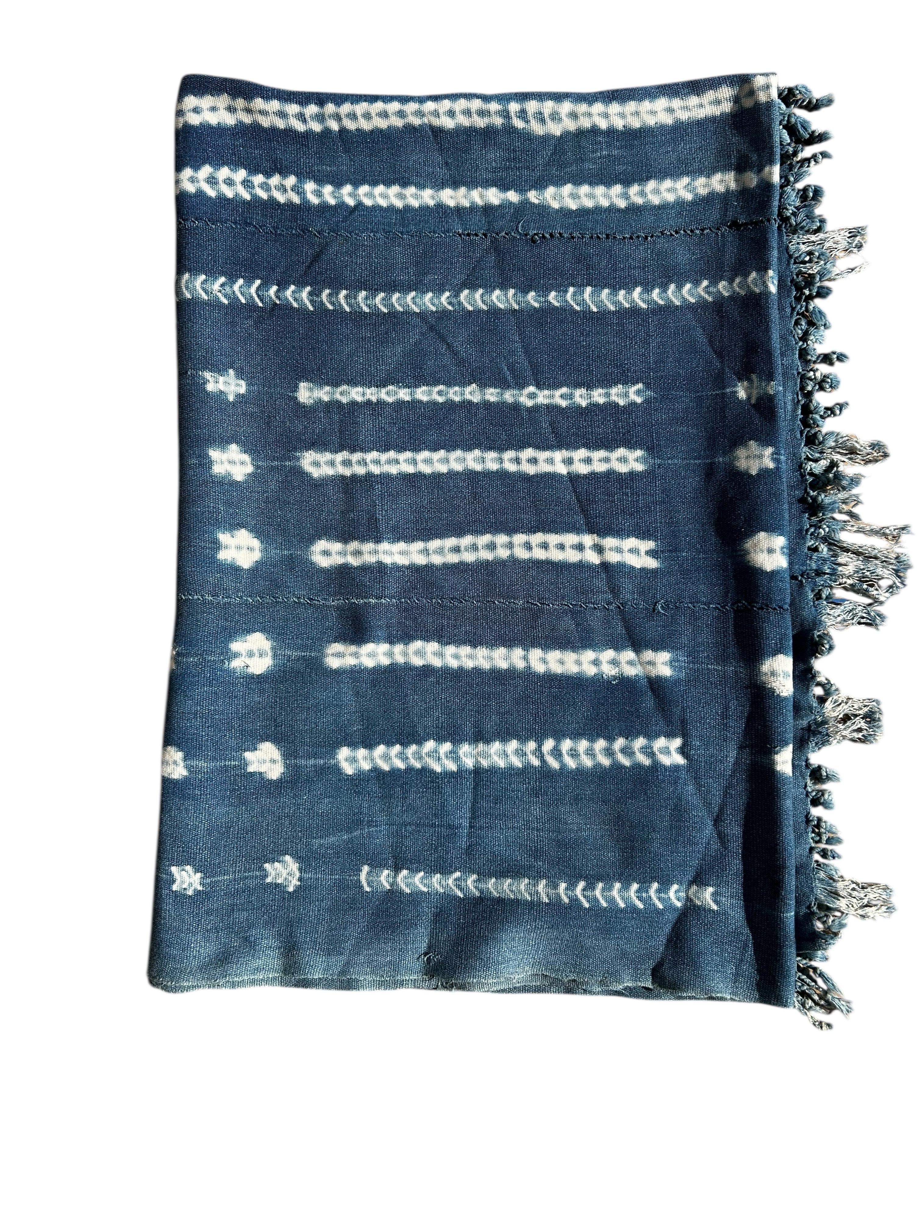 Handwoven Indigo African Textile with White Resist Stitching – Vintage West African Strip Cloth Wall Hanging