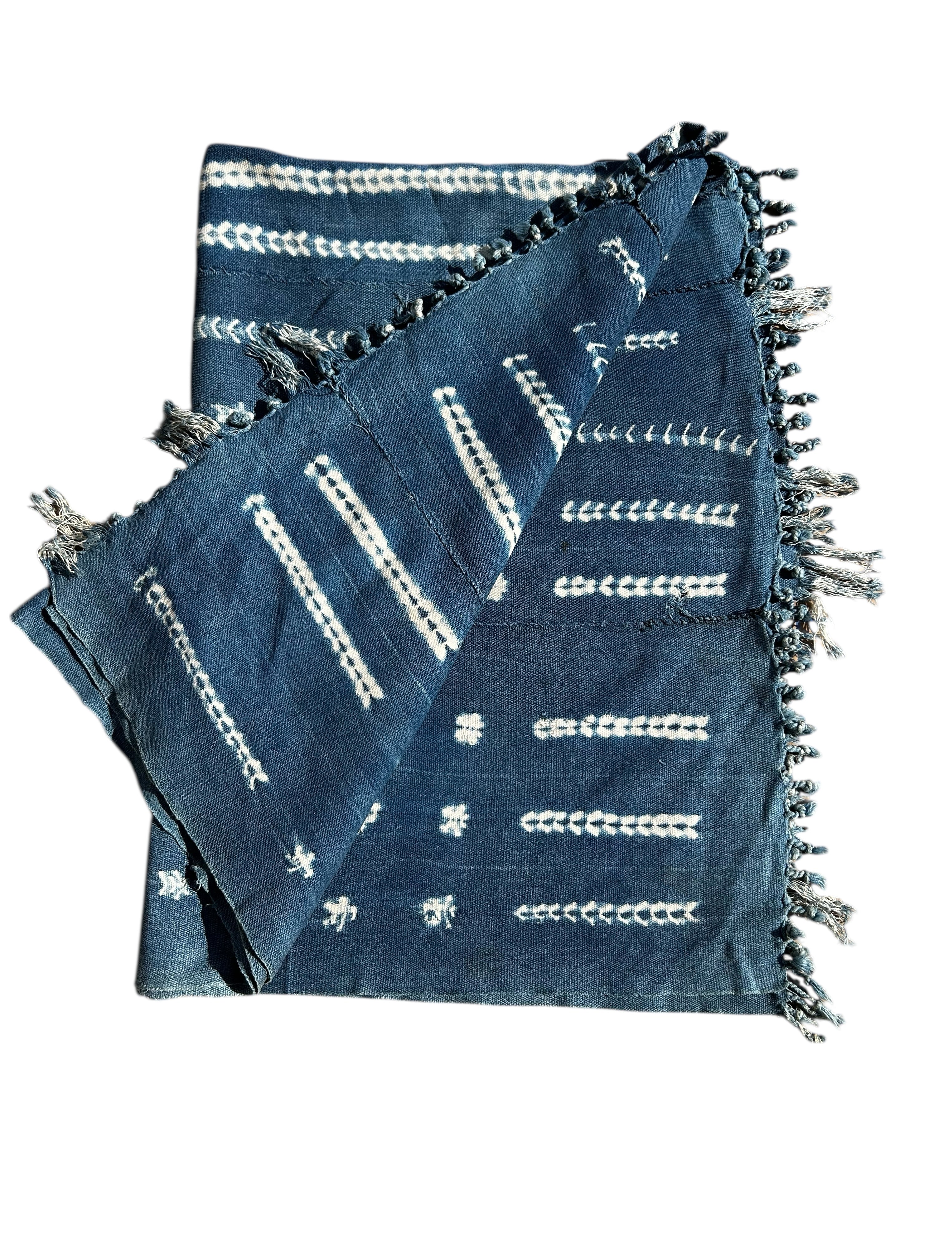 Handwoven Indigo African Textile with White Resist Stitching – Vintage West African Strip Cloth Wall Hanging