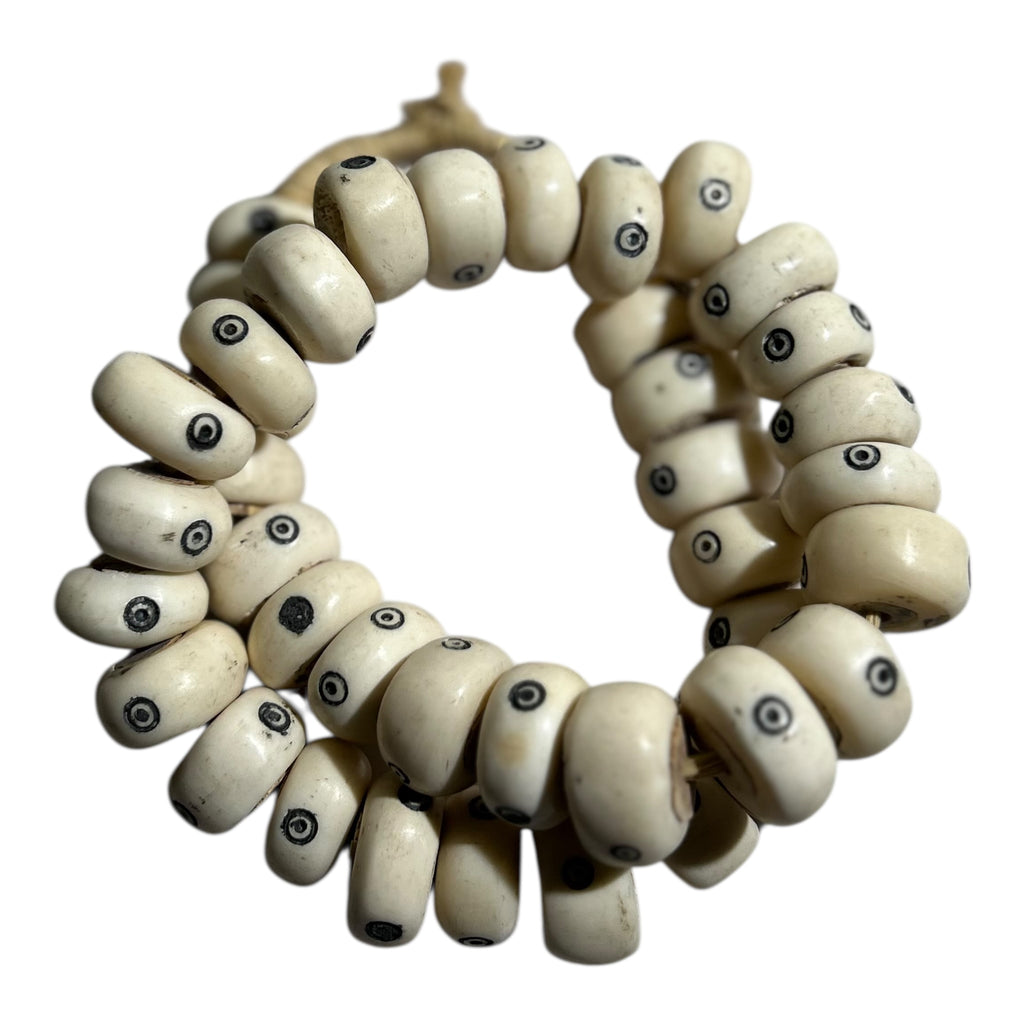 Hand-Carved Kenyan Batik “Eye” Bone Beads – African Trade Bead Strand (12" Strand, Approx. 40 Beads, 11.4mm Size)