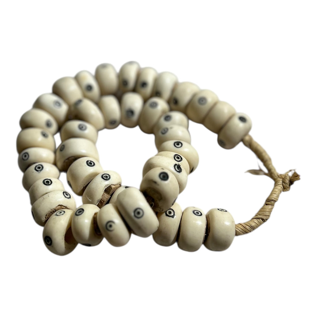 Hand-Carved Kenyan Batik “Eye” Bone Beads – African Trade Bead Strand (12" Strand, Approx. 40 Beads, 11.4mm Size)
