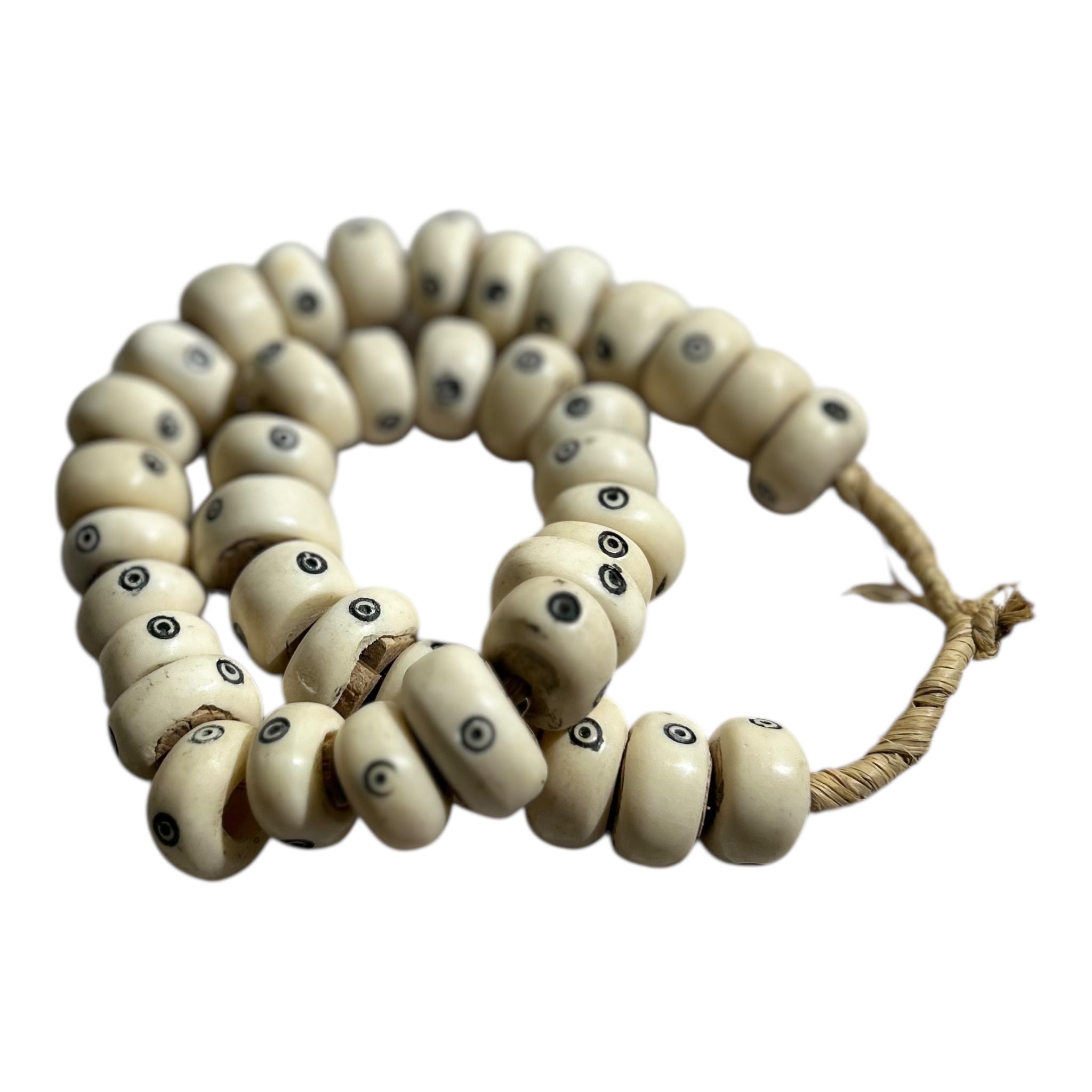 Hand-Carved Kenyan Batik “Eye” Bone Beads – African Trade Bead Strand (12" Strand, Approx. 40 Beads, 11.4mm Size)