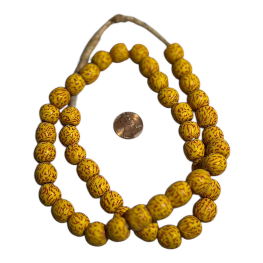 Ghana Krobo Yellow Painted Powder Glass Trade Beads – Handcrafted Artisan Strand (14" Strand, Approx. 46 Beads, ~11.9mm Size)