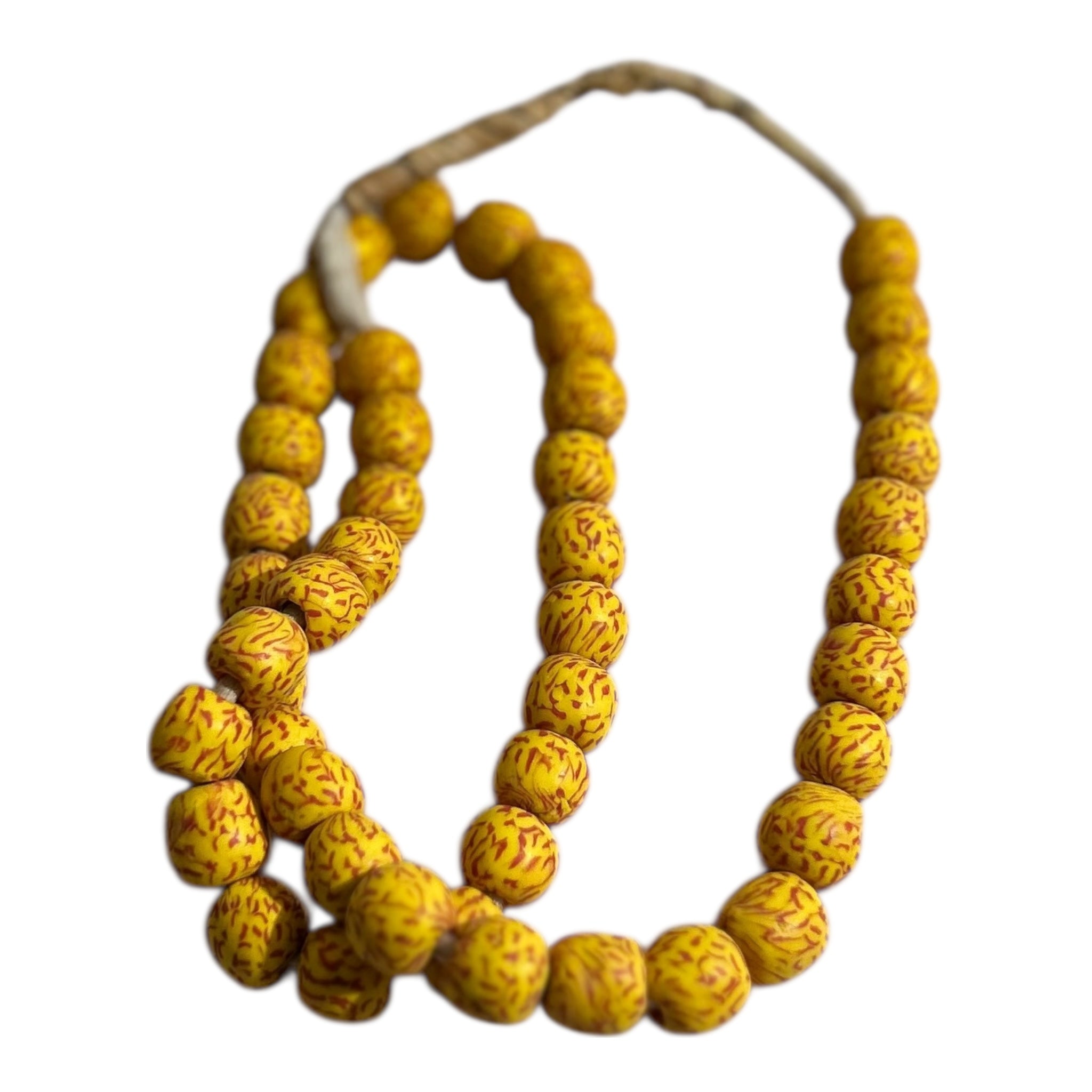 Ghana Krobo Yellow Painted Powder Glass Trade Beads – Handcrafted Artisan Strand (14" Strand, Approx. 46 Beads, ~11.9mm Size)