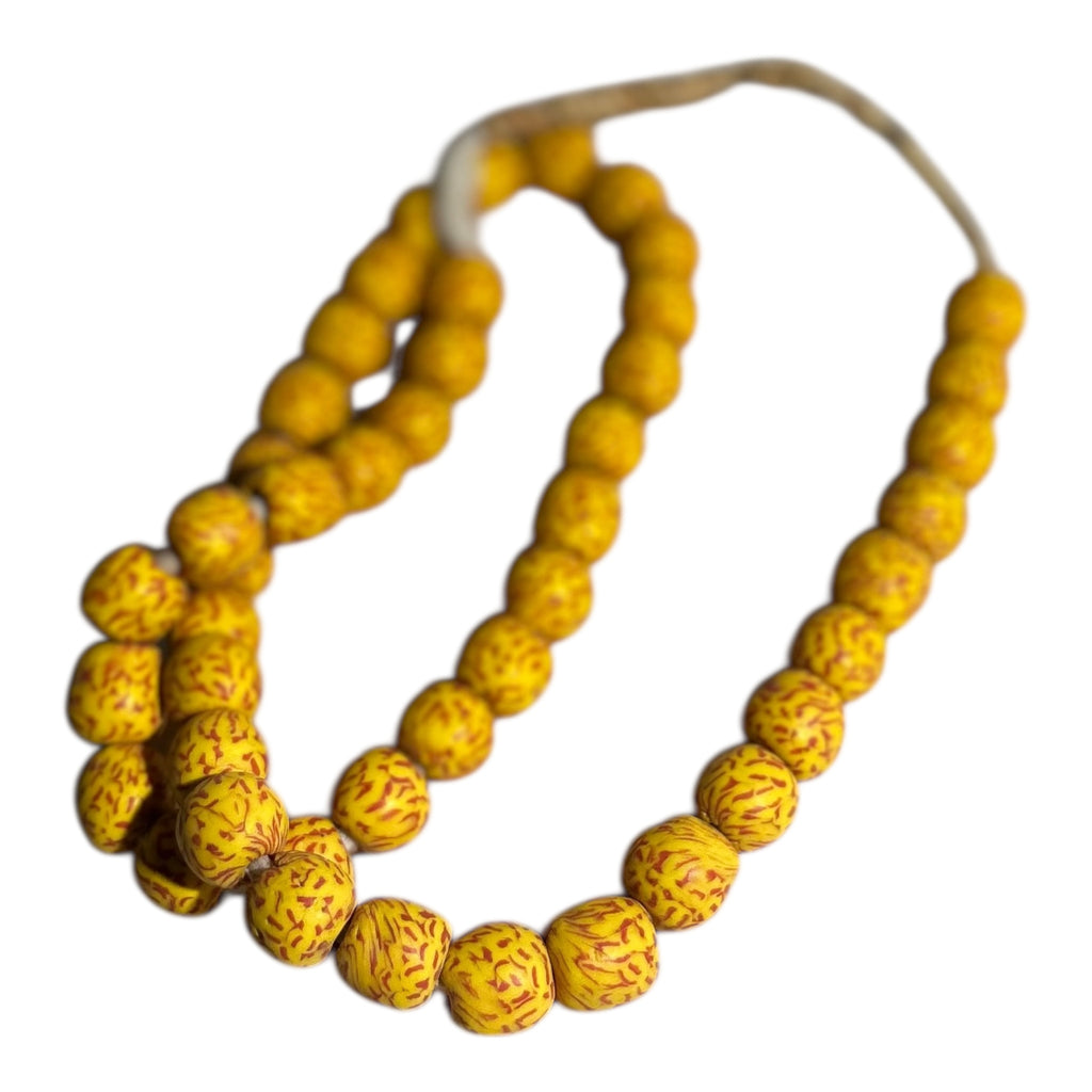 Ghana Krobo Yellow Painted Powder Glass Trade Beads – Handcrafted Artisan Strand (14" Strand, Approx. 46 Beads, ~11.9mm Size)