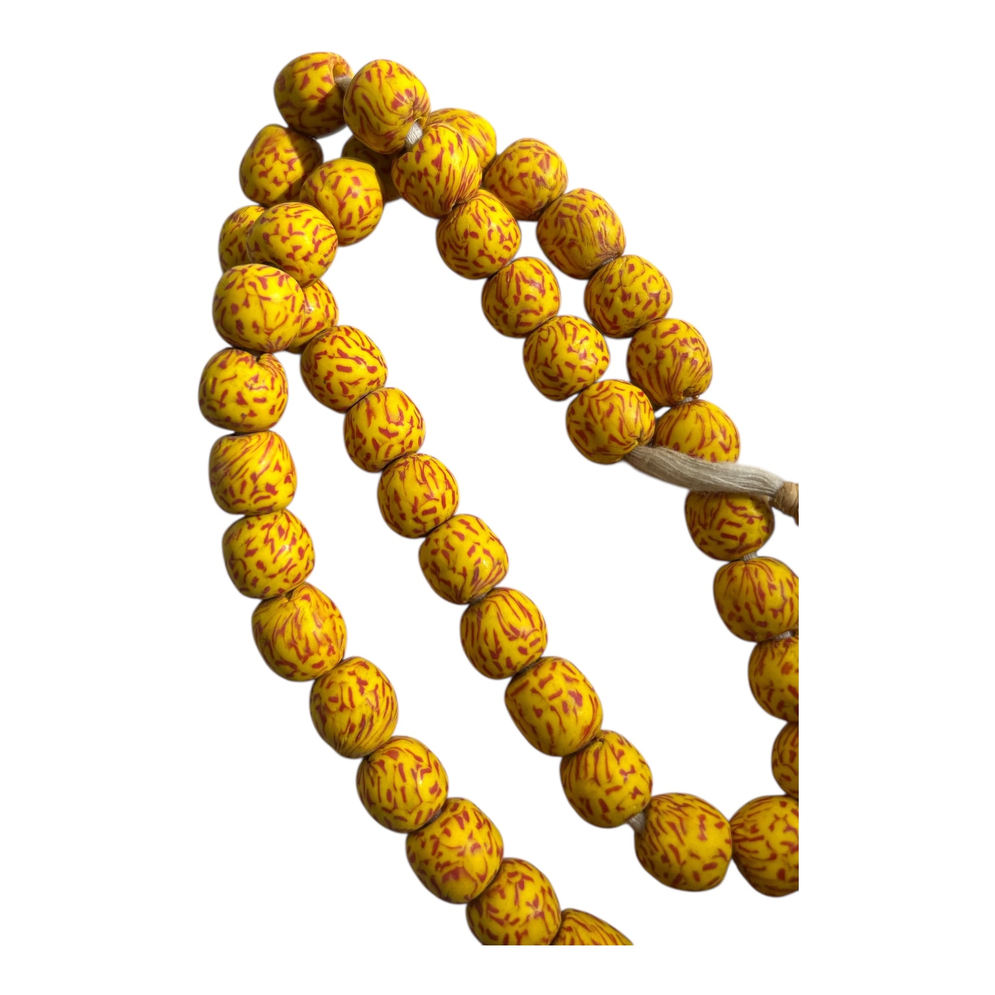 Ghana Krobo Yellow Painted Powder Glass Trade Beads – Handcrafted Artisan Strand (14" Strand, Approx. 46 Beads, ~11.9mm Size)