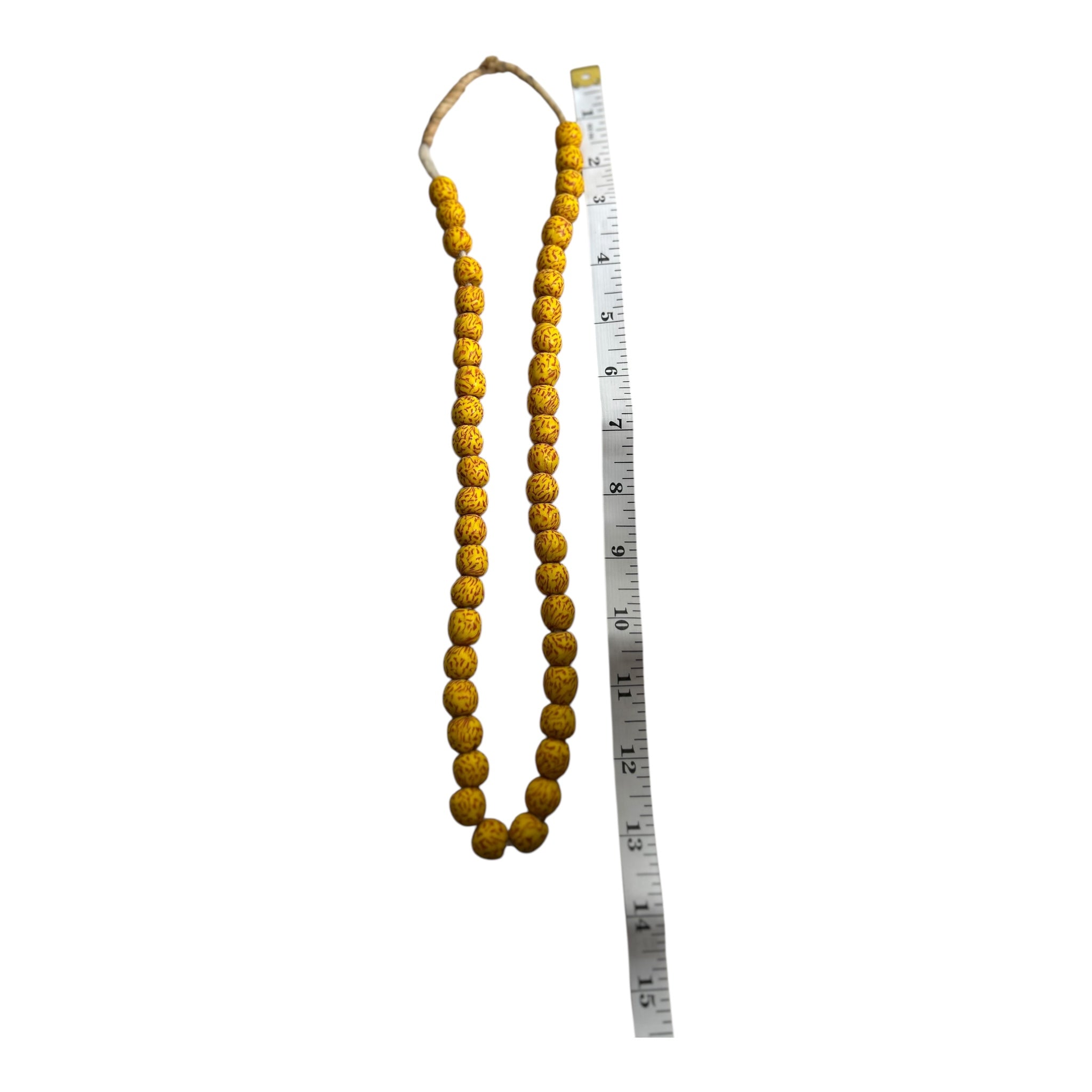 Ghana Krobo Yellow Painted Powder Glass Trade Beads – Handcrafted Artisan Strand (14" Strand, Approx. 46 Beads, ~11.9mm Size)