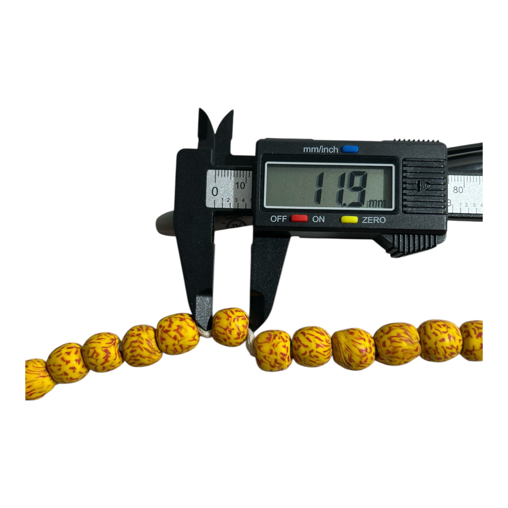 Ghana Krobo Yellow Painted Powder Glass Trade Beads – Handcrafted Artisan Strand (14" Strand, Approx. 46 Beads, ~11.9mm Size)