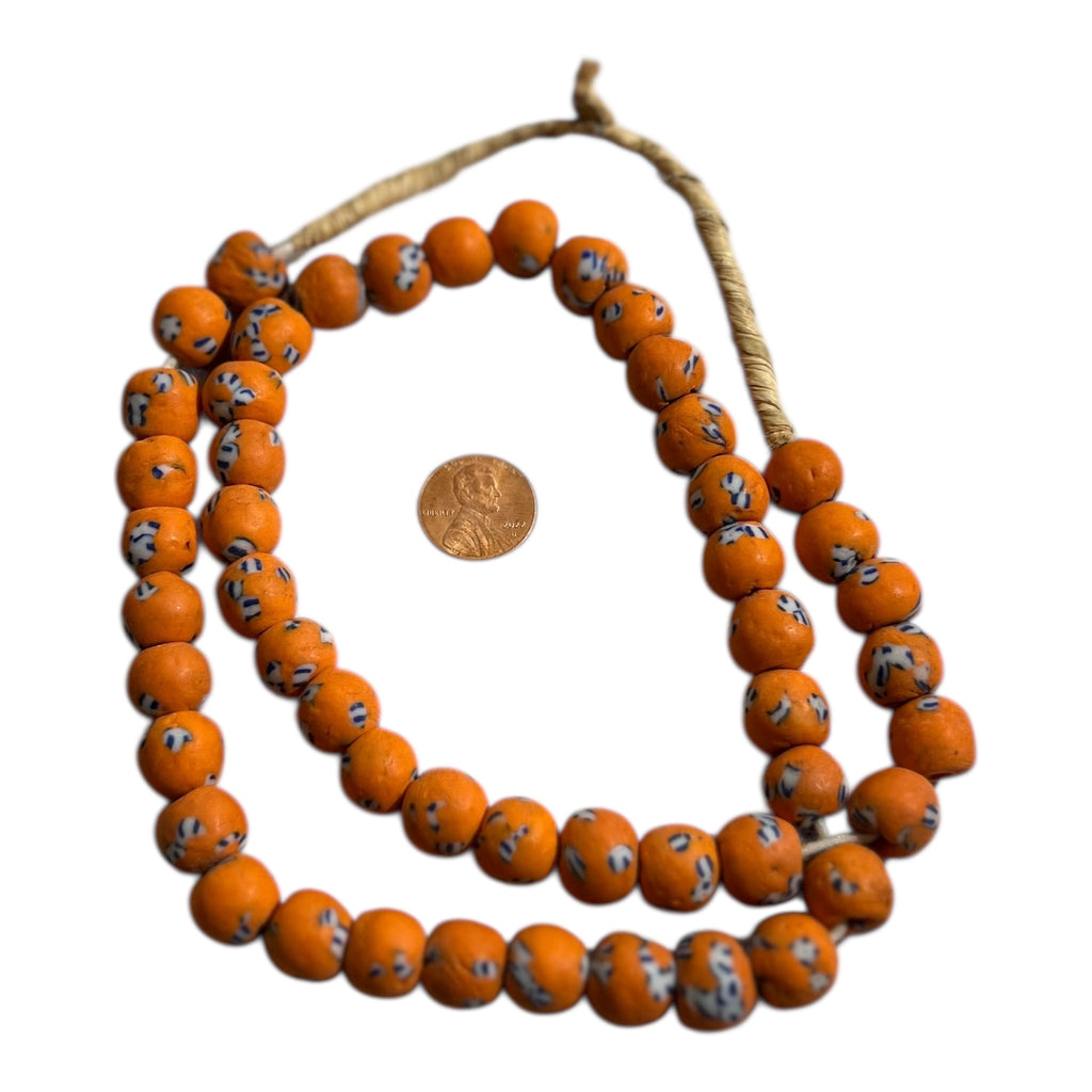 Ghana Krobo Orange Painted Powder Glass Trade Beads – Handcrafted Recycled Glass Strand (14" Strand, Approx. 50 Beads, 11.4mm Size)