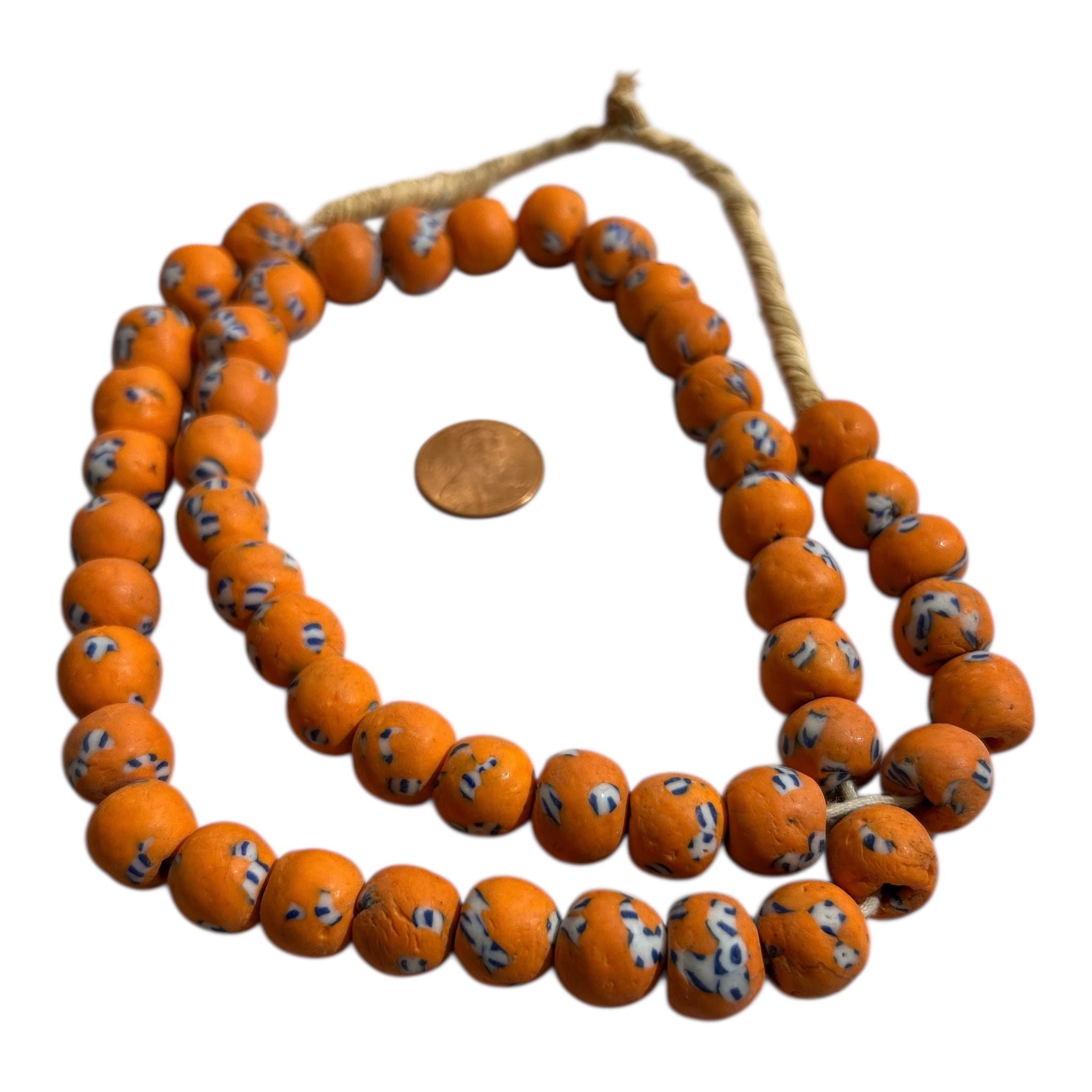 Ghana Krobo Orange Painted Powder Glass Trade Beads – Handcrafted Recycled Glass Strand (14" Strand, Approx. 50 Beads, 11.4mm Size)