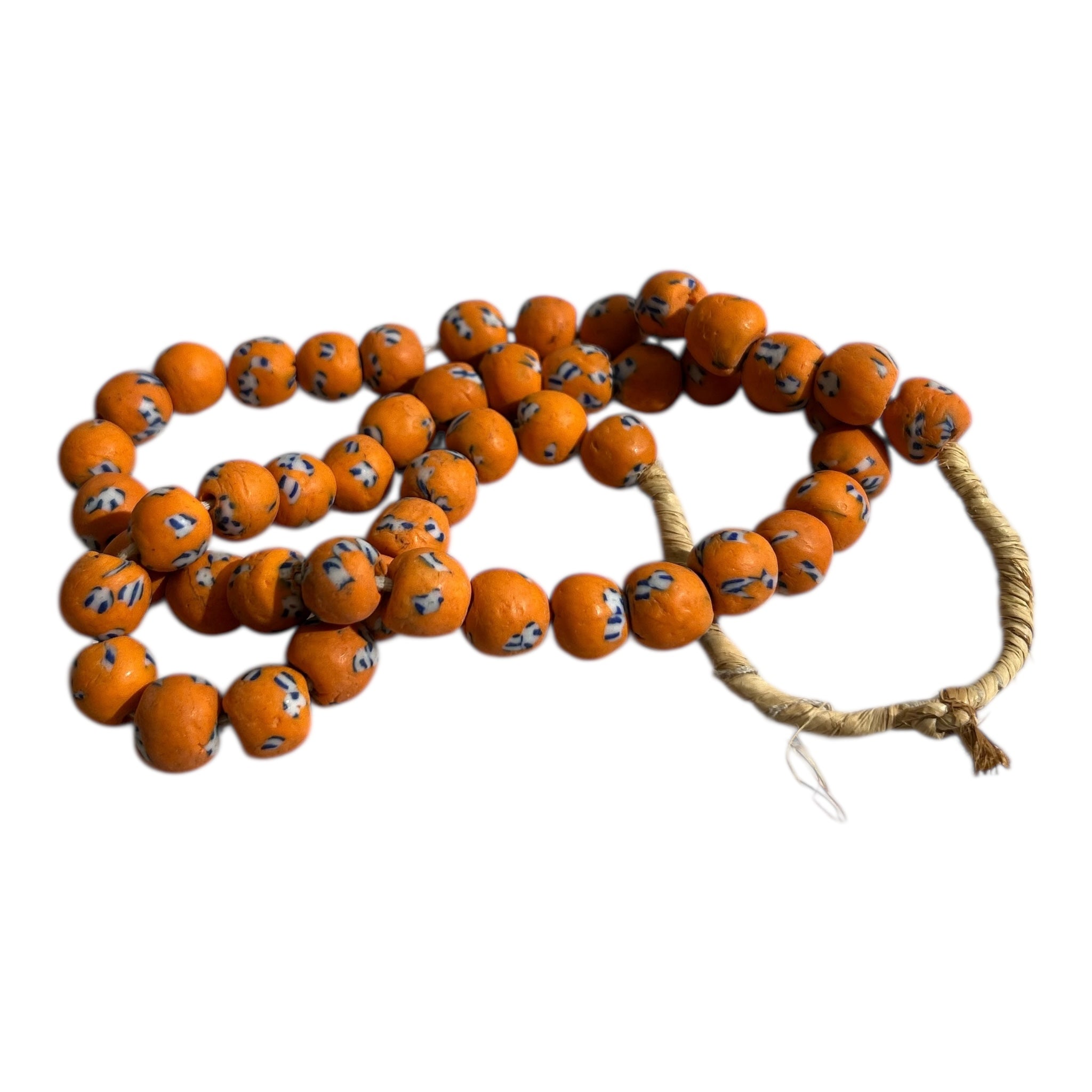 Ghana Krobo Orange Painted Powder Glass Trade Beads – Handcrafted Recycled Glass Strand (14" Strand, Approx. 50 Beads, 11.4mm Size)