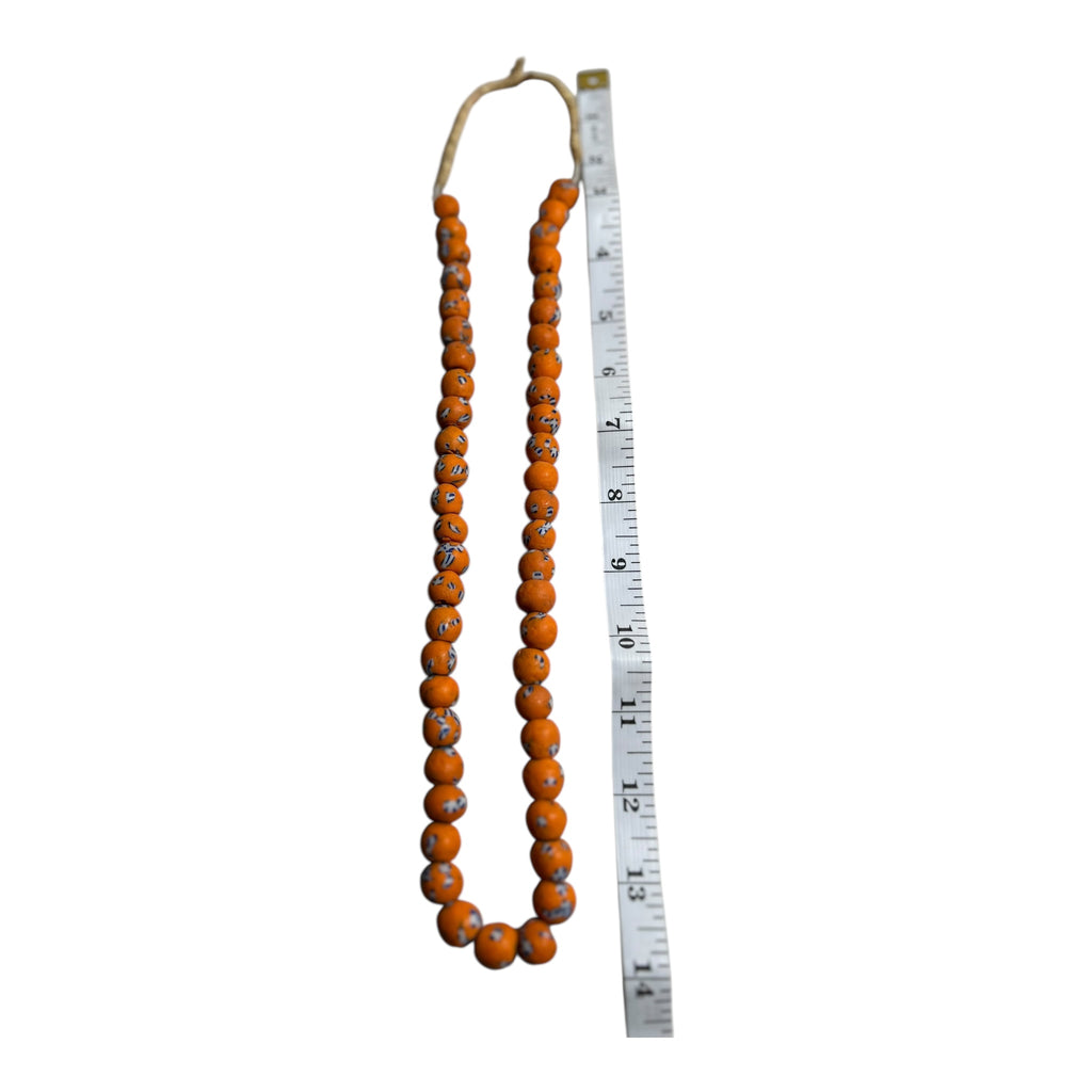 Ghana Krobo Orange Painted Powder Glass Trade Beads – Handcrafted Recycled Glass Strand (14" Strand, Approx. 50 Beads, 11.4mm Size)
