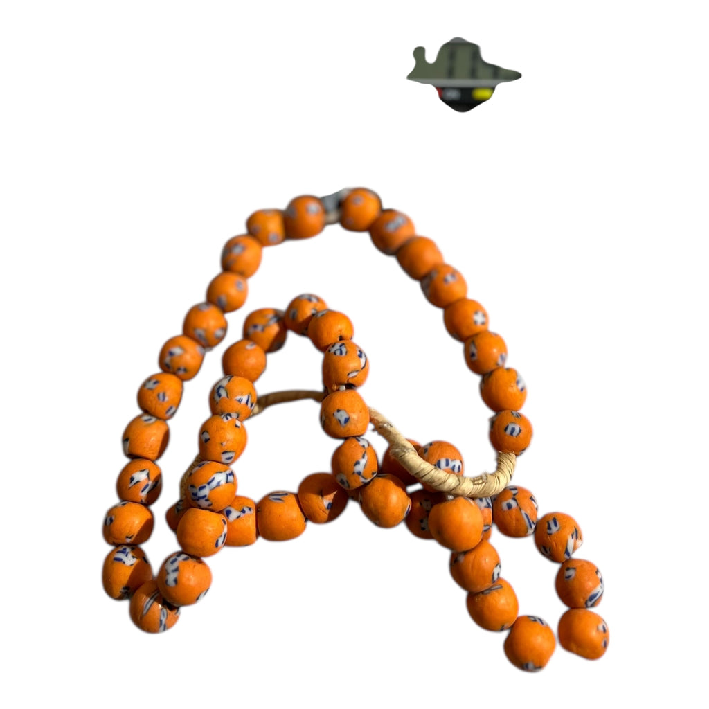 Ghana Krobo Orange Painted Powder Glass Trade Beads – Handcrafted Recycled Glass Strand (14" Strand, Approx. 50 Beads, 11.4mm Size)