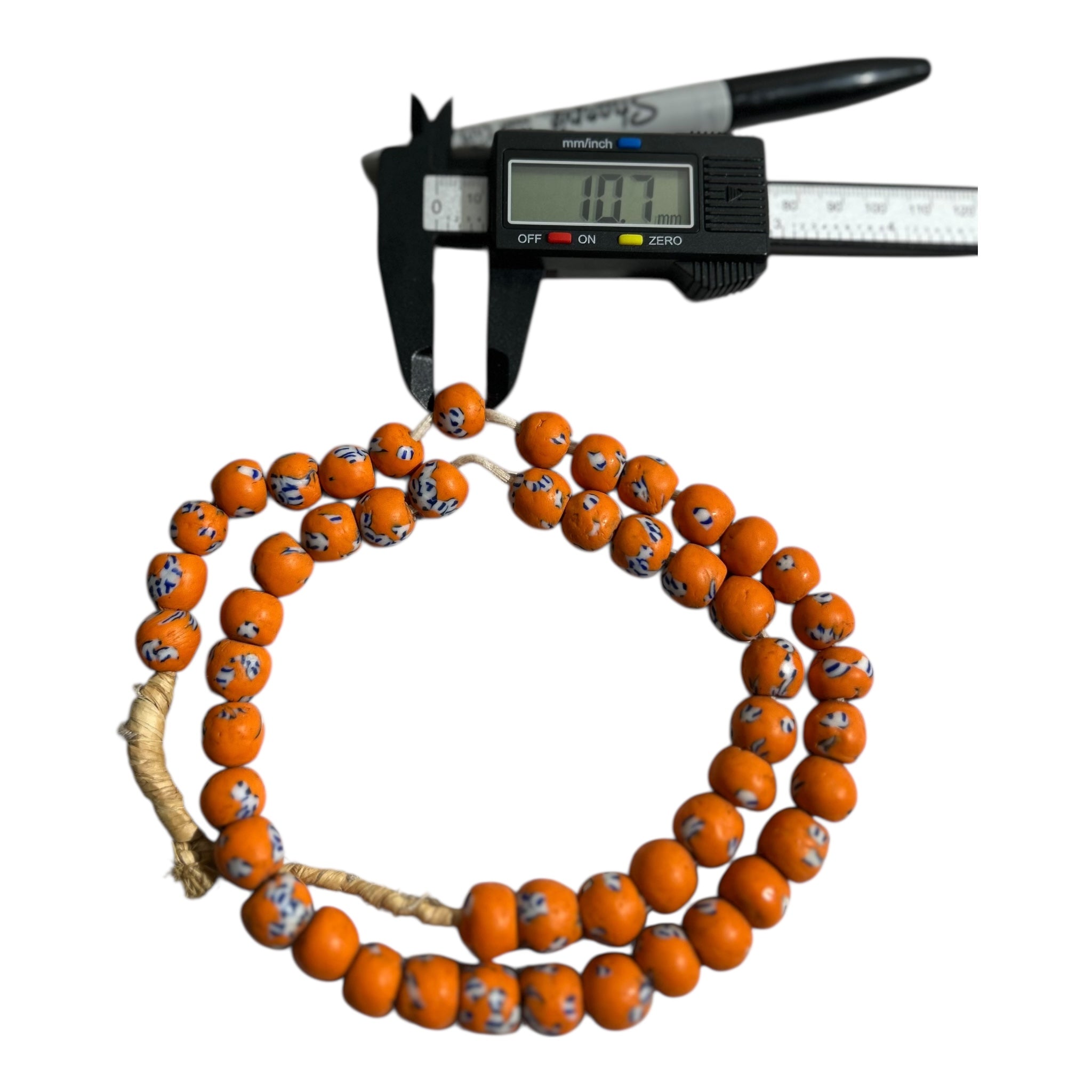 African Artisan Painted Recycled Glass Beads – Handcrafted Ghana Trade Strand (14", Approx. 51 Beads, 10.7mm Size)