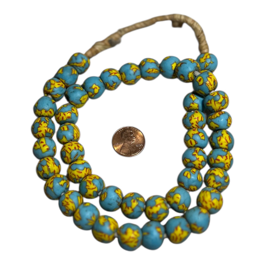 Ethnic Ghana Hand-Painted Powder Glass Beads – Artisan Recycled Glass Strand (Approx. 12mm, 14" Strand, 45 Beads)