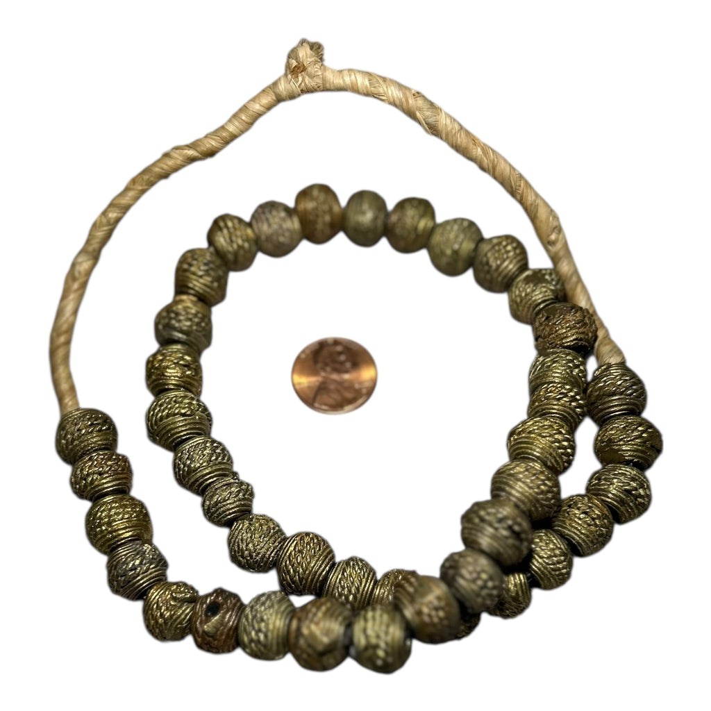 West African Etched Brass Trade Beads – Hand-Cast Metal Beads for Jewelry Making (12" Strand)