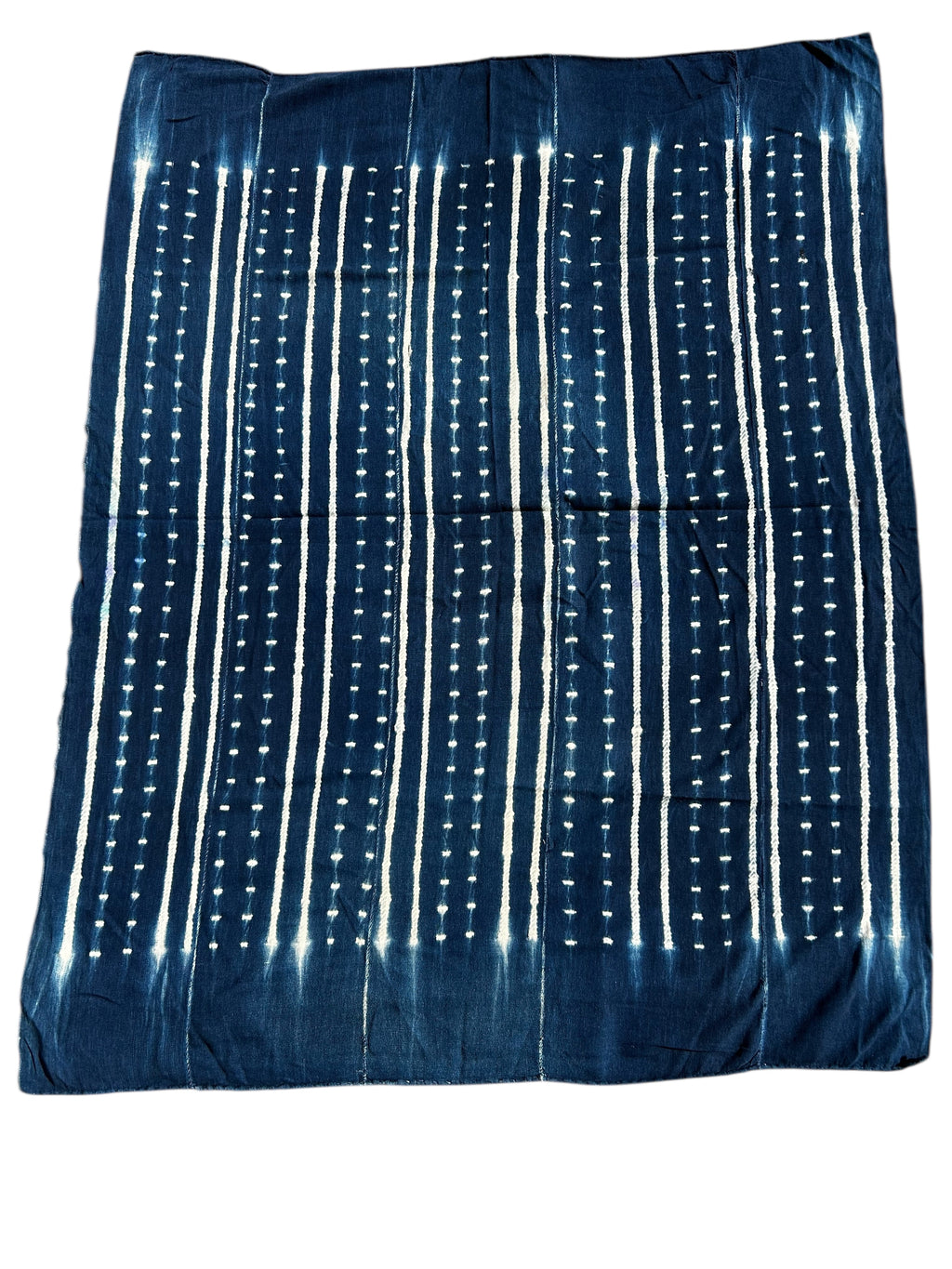 Blue fabric with white vertical patterns on a white background