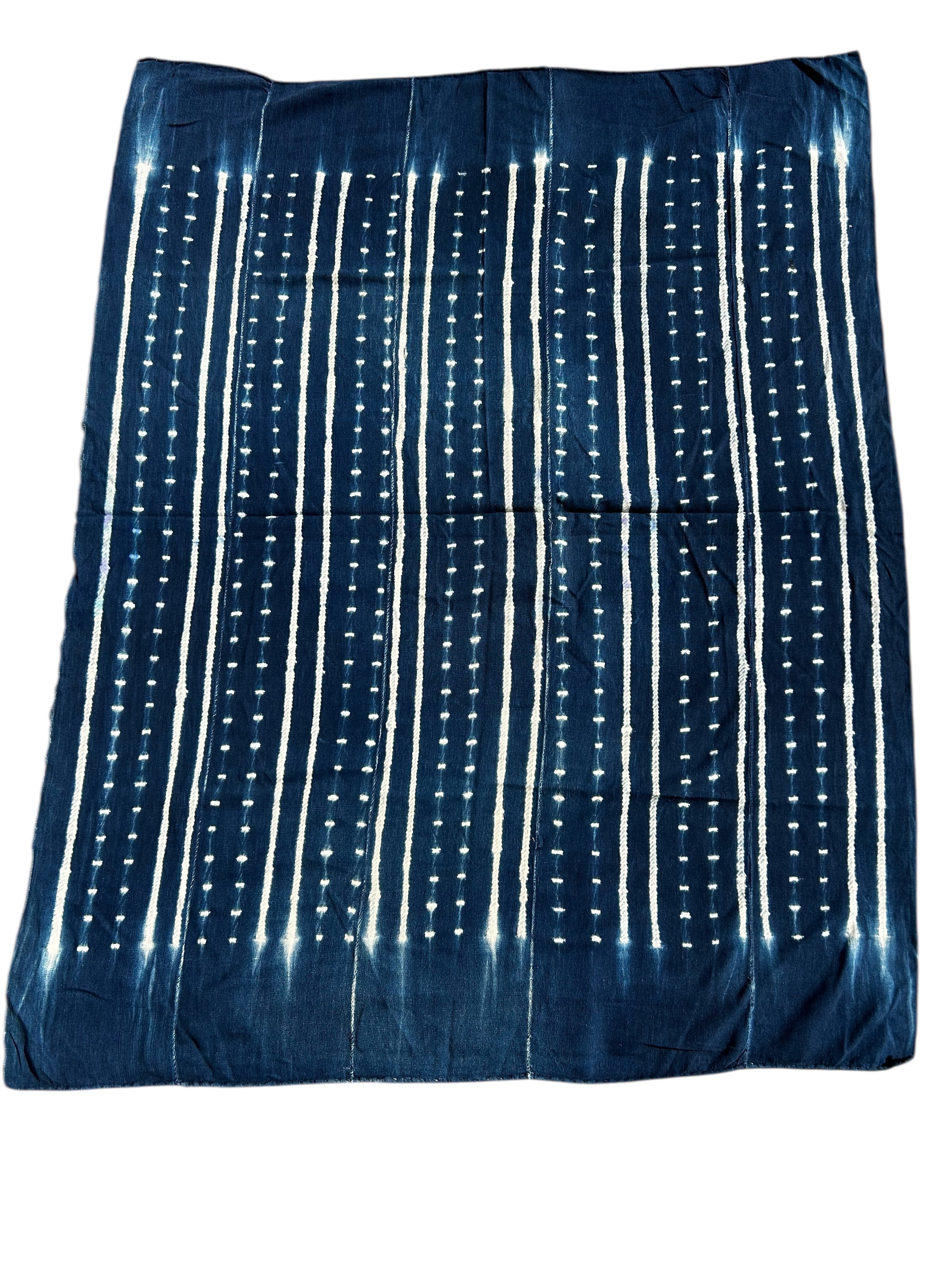 Navy blue fabric with white vertical stripes on a white background