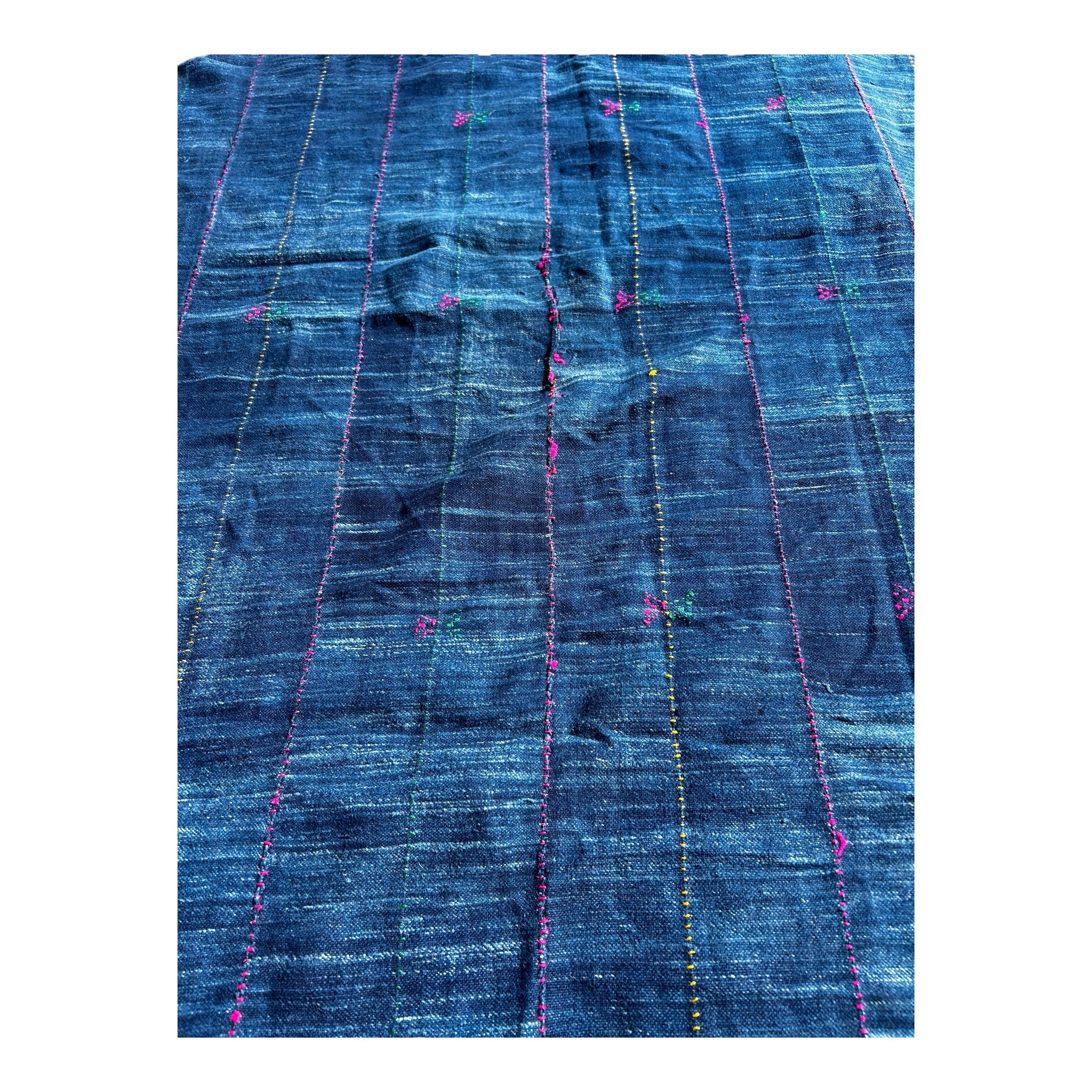 Close-up of blue fabric with pink and yellow thread patterns on a white background