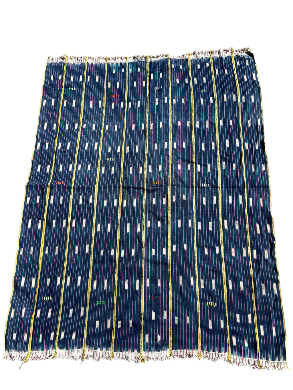 Navy blue fabric with white and yellow patterns on a white background